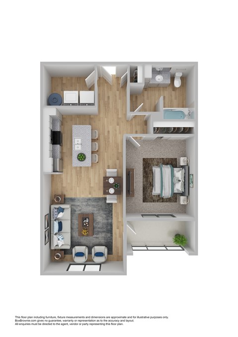 A floor plan of a small apartment with a kitchen, living room, and bathroom.